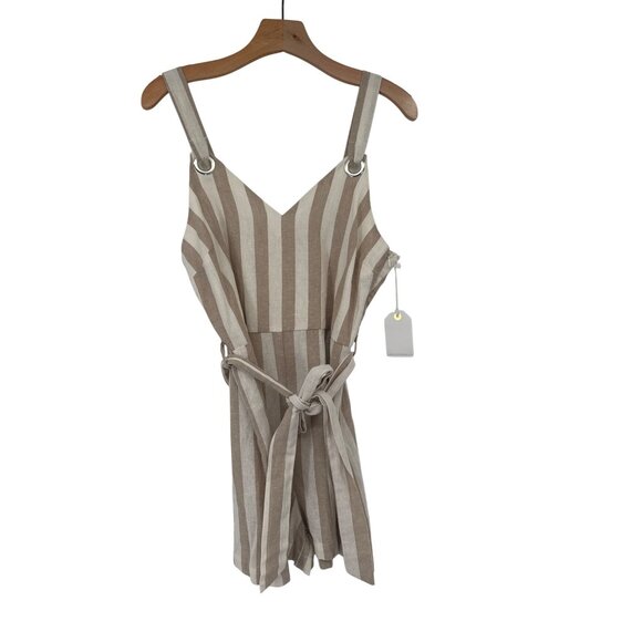 Coco + Jaimeson Striped Linen Blend Romper Tie Waist beige size large New - Picture 2 of 6